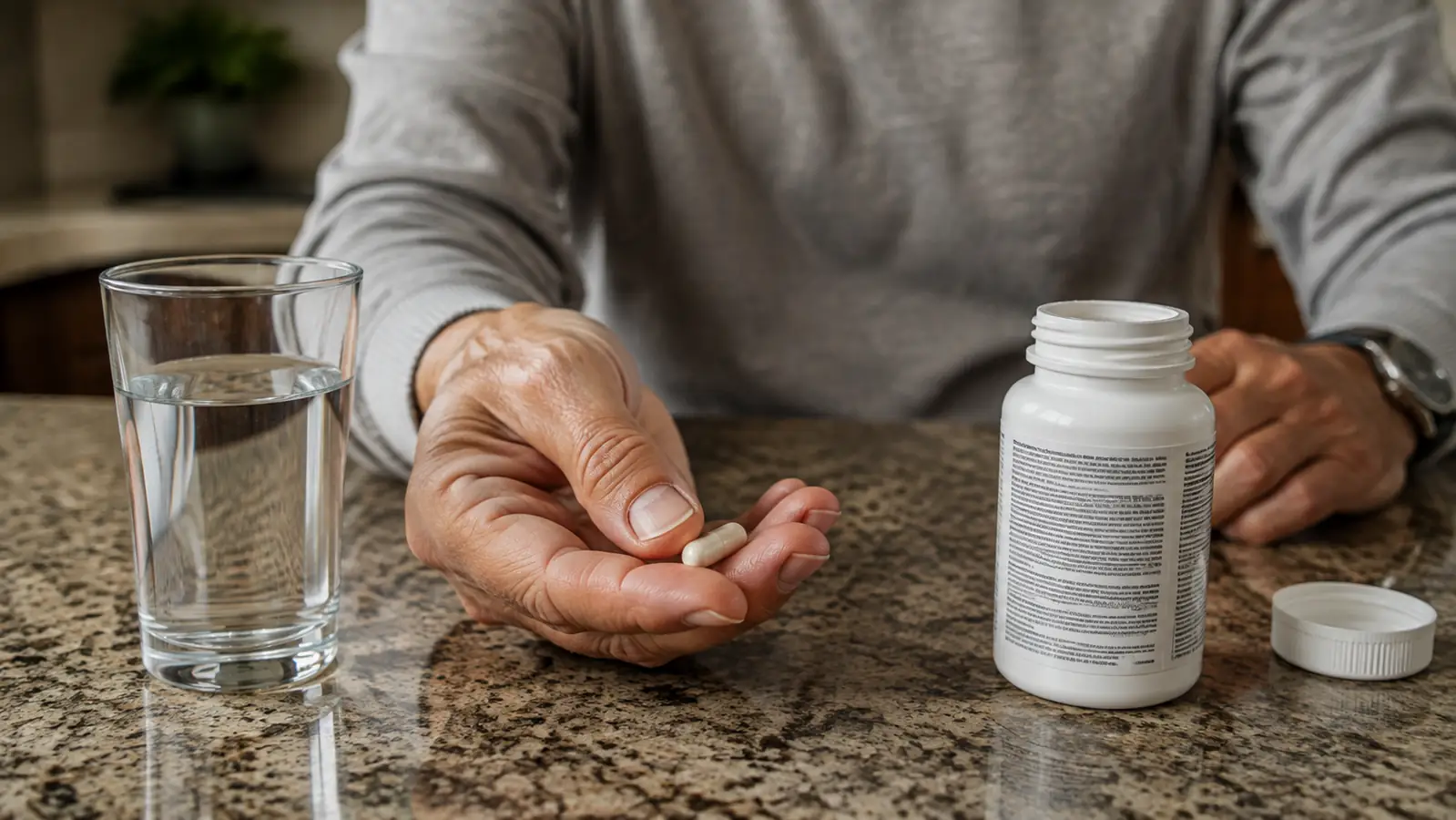 A hand holding out a capsule over an open hand with a glass of water nearby