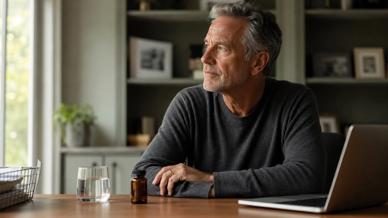 A person sitting at a desk in the afternoon with a water glass, looking steady and focused