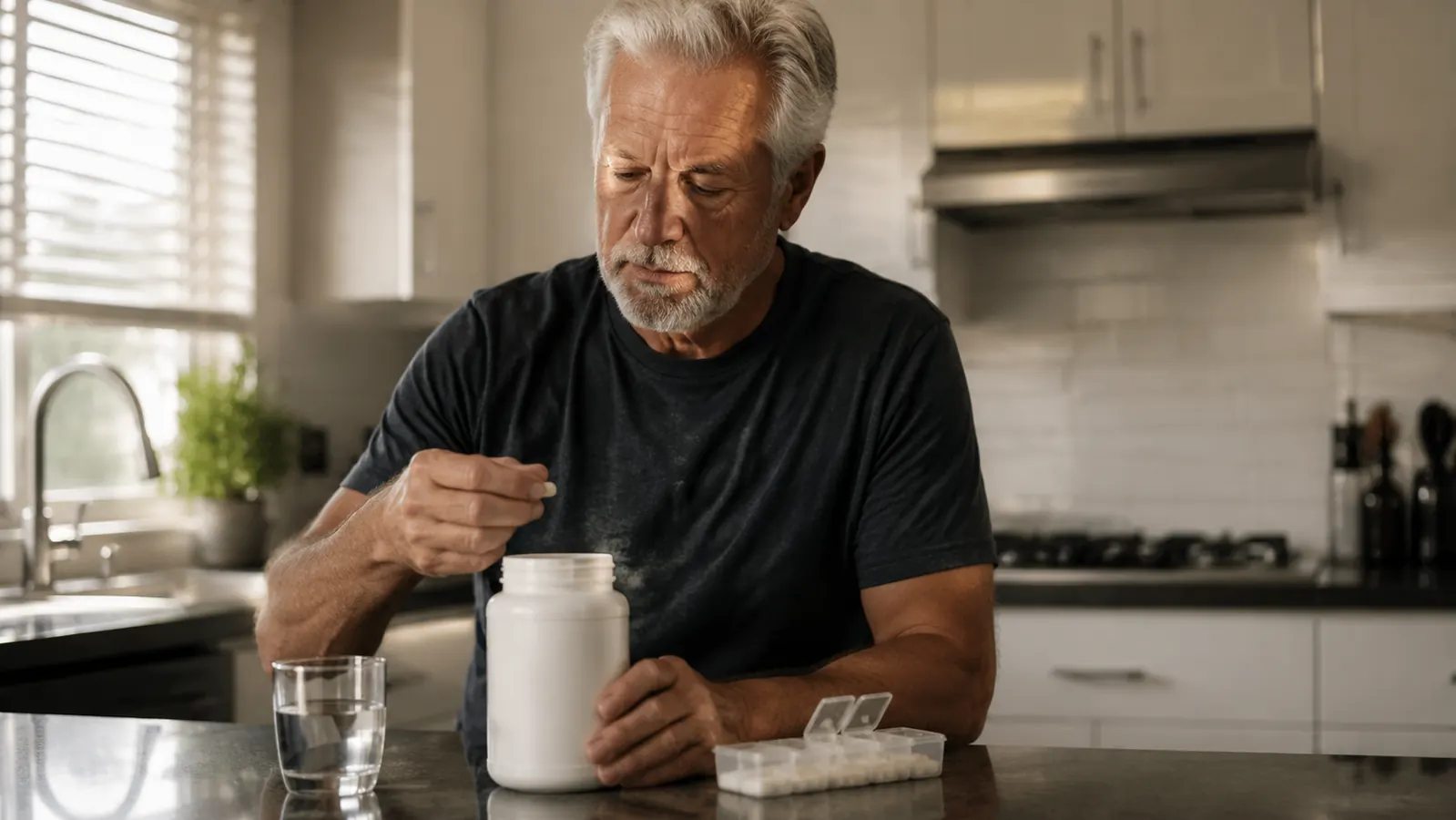 An open supplement jar beside a small pill organizer and a glass of water on a kitchen counter