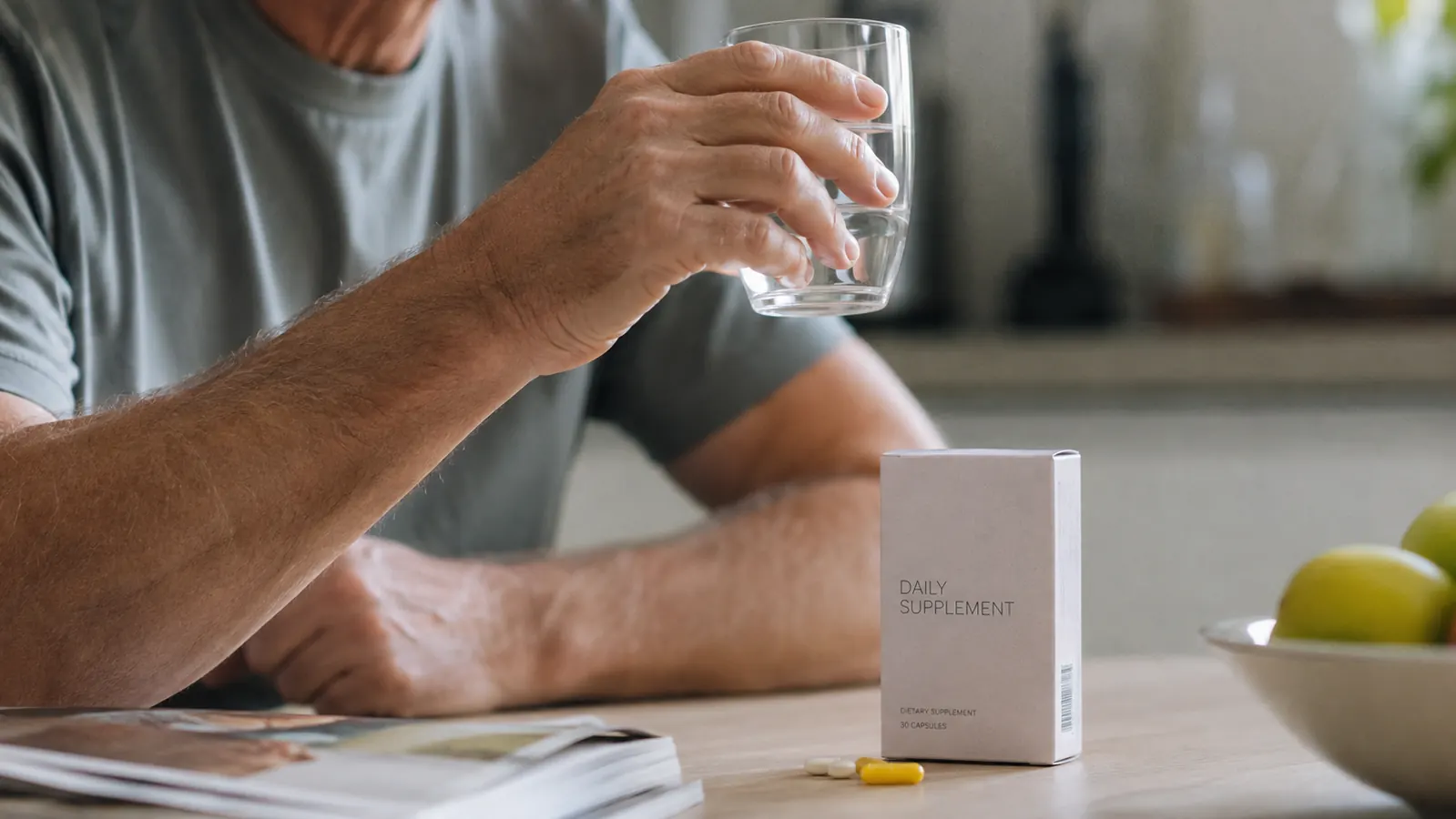 A hand holding a glass of water to swallow a daily herbal supplement at the kitchen table