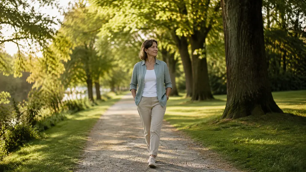 A person walking a steady path in a park after a meal, comfortable shoes, relaxed pace