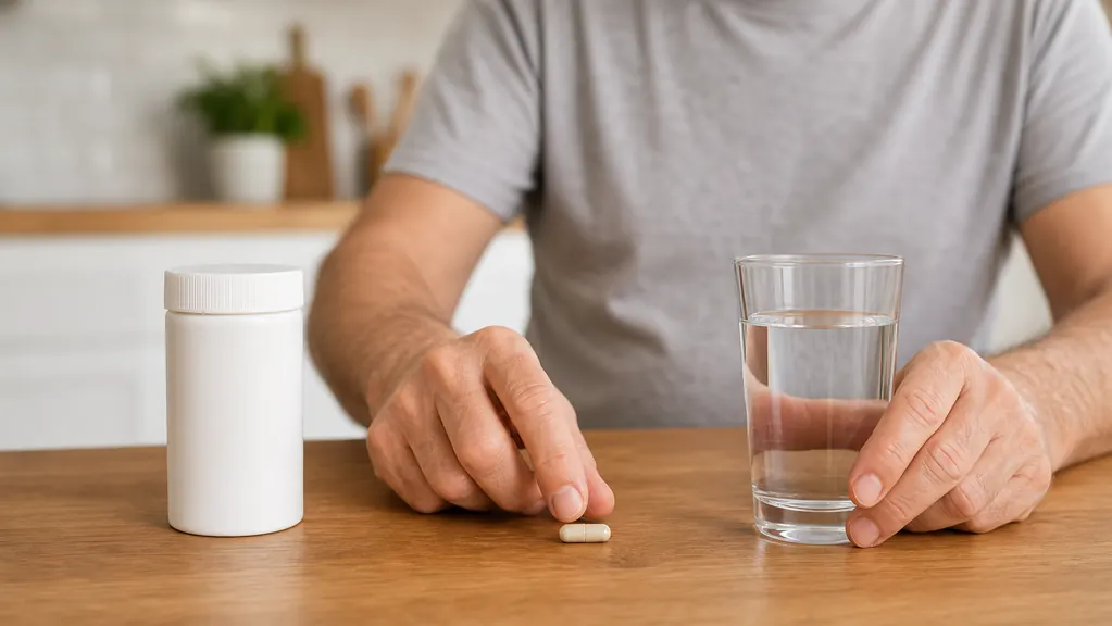 A hand reaching for a single daily capsule next to a glass of water on a kitchen table