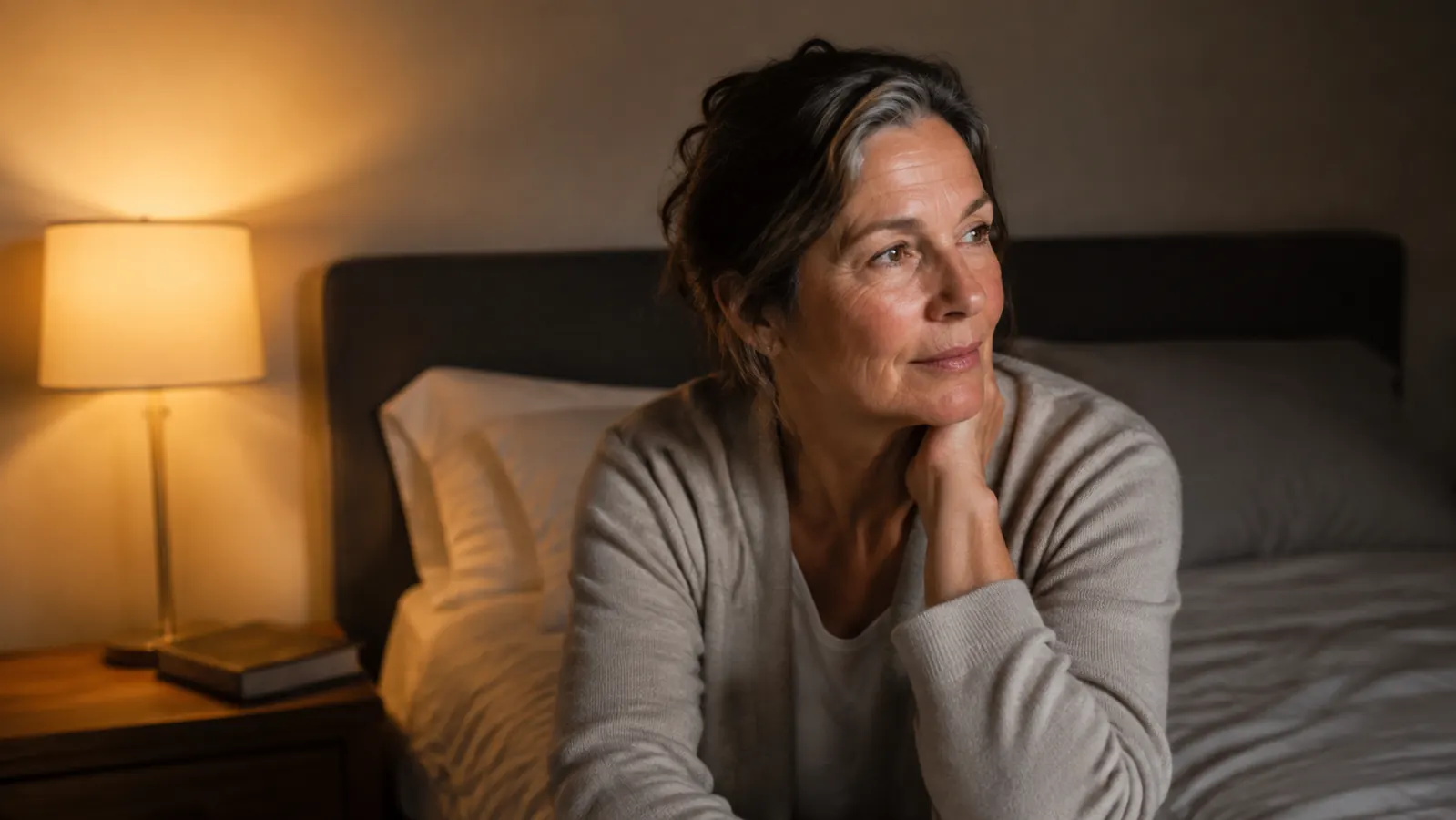 A neatly made bed in a dim calm bedroom with soft lamp glow and a book on the nightstand