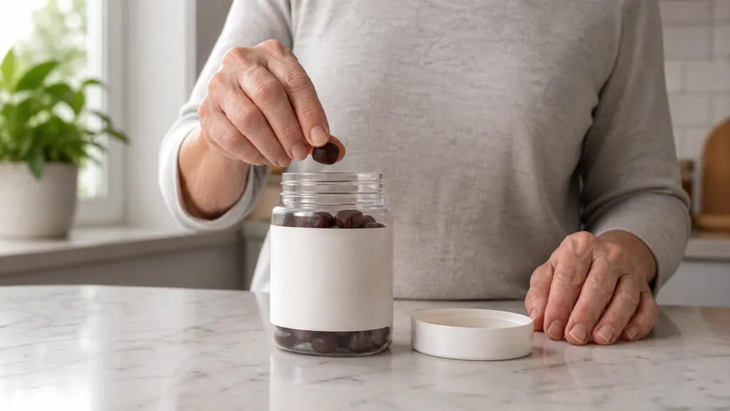 A hand lifting a single gummy out of the jar at a kitchen counter, using the real product photo as a reference.