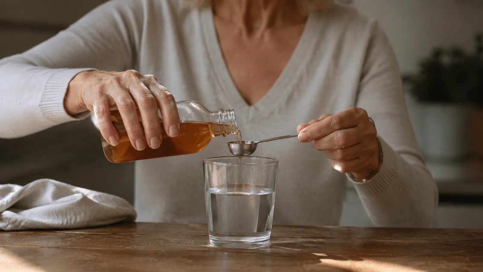 A measuring spoon over a plain glass of water beside a bottle, the measuring ritual liquid ACV calls for.