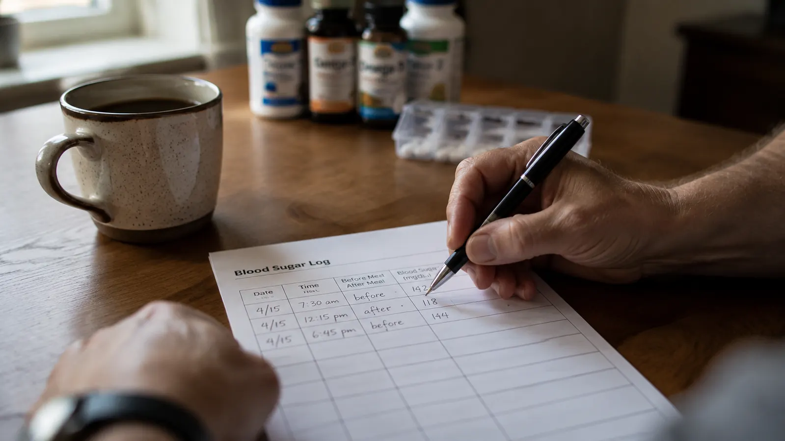 A person writing in a blood sugar log book at a kitchen table with a mug and supplement bottles blurred in the background