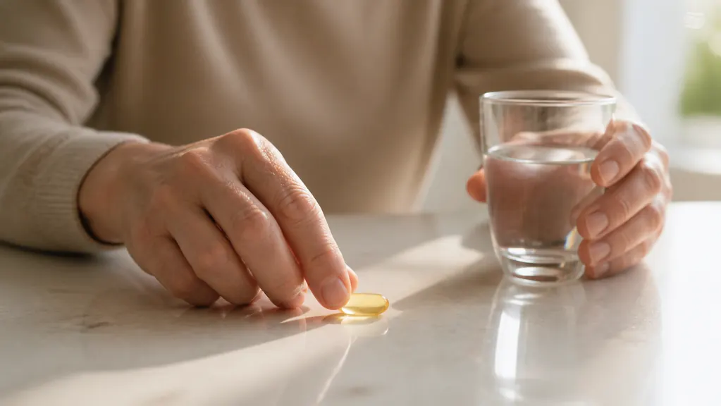 A person's hand reaching for a single supplement capsule near a glass of water at a bright breakfast counter