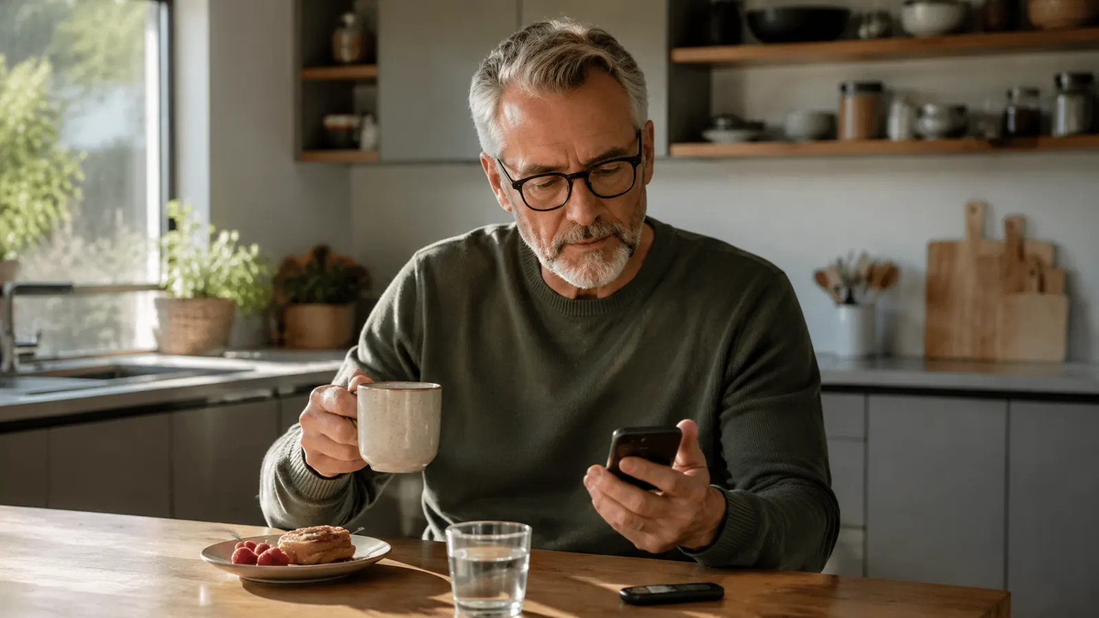 A person at a kitchen table reading a compact blood sugar meter beside their morning plate and a cup