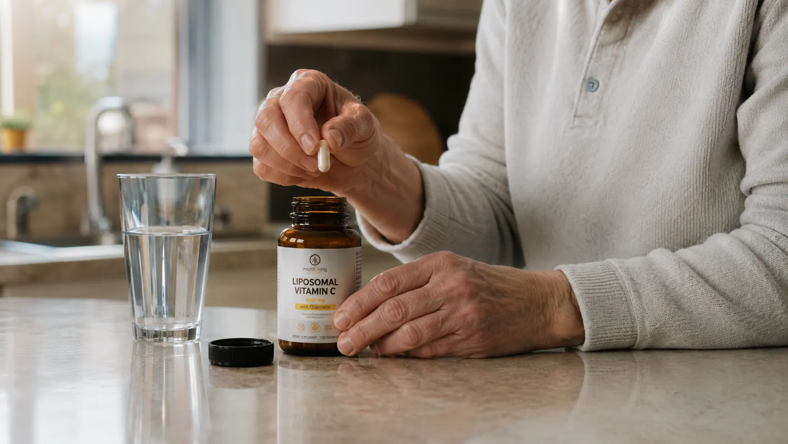 A person's hand taking a single capsule out of a supplement bottle over the kitchen counter, a glass of water nearby