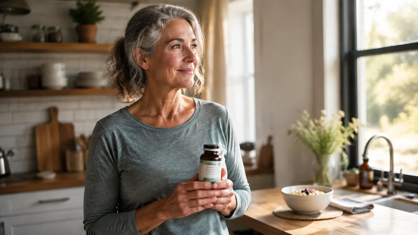 A calm 55 plus adult in a kitchen holding a small supplement bottle and looking content, window light, oatmeal on the table