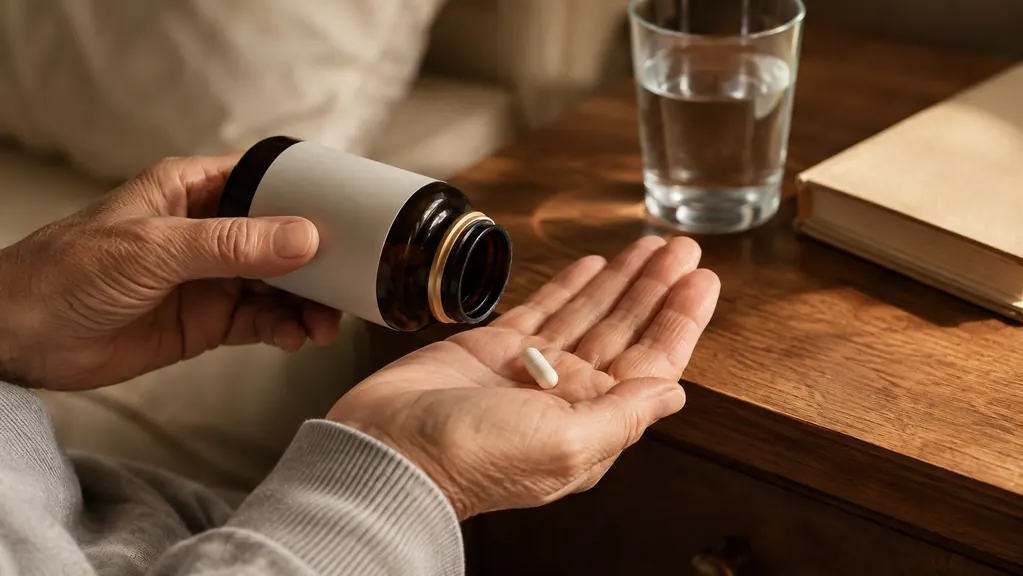 A hand tilting a single capsule onto the open palm held over a nightstand with a glass of water and a folded book