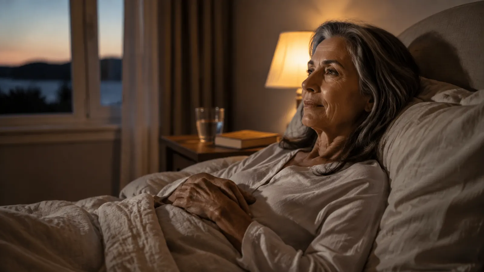 Evening light through a bedroom window across a bed with linen blankets, a glass of water, and a small book on the nightstand