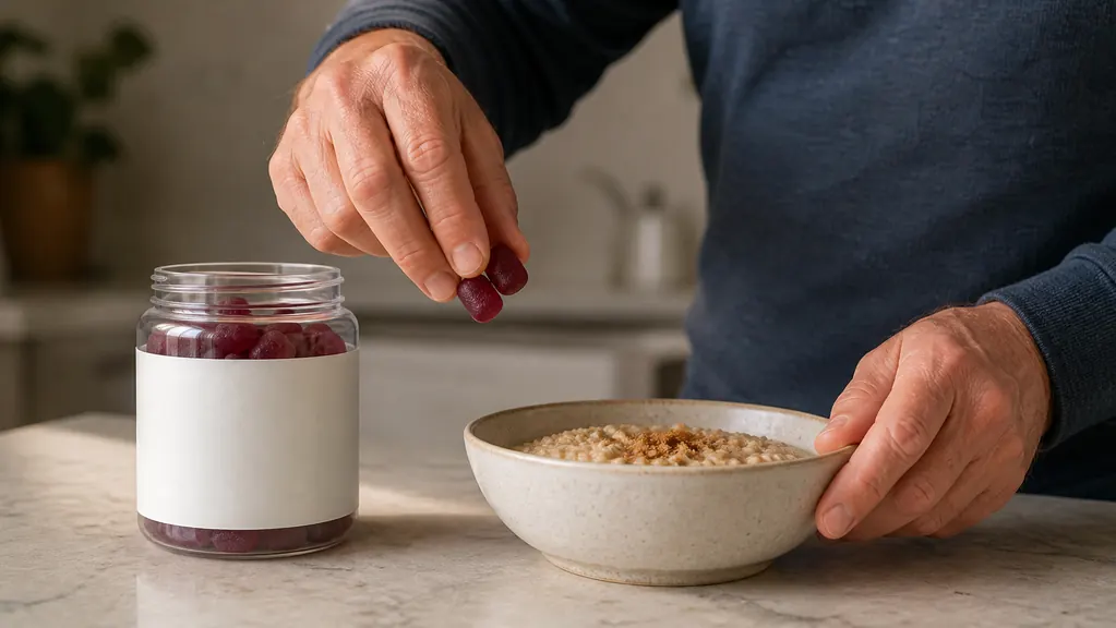 A hand lifting two gummies out of a tin beside a stainless steel bowl of oatmeal, soft kitchen light