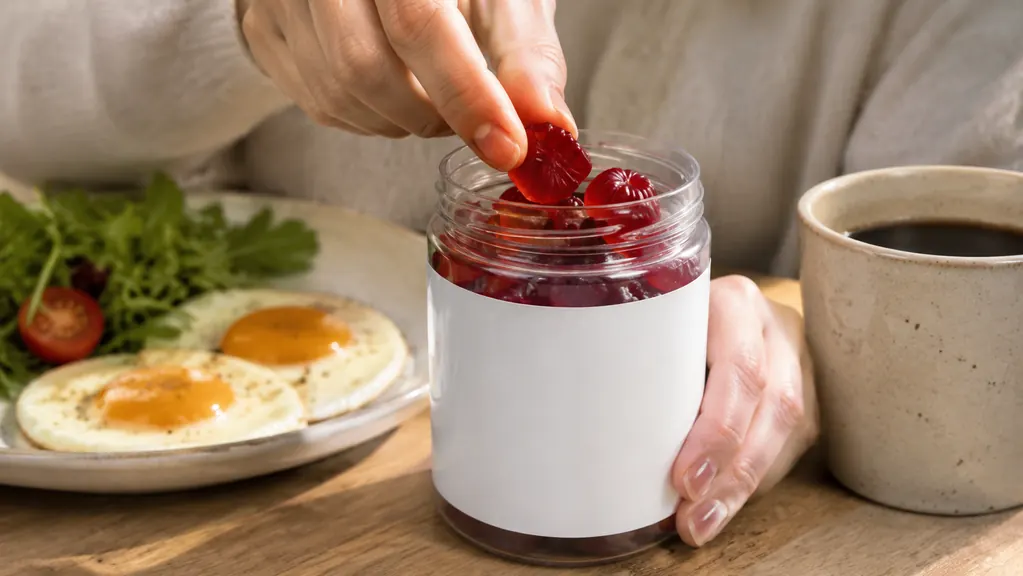 Close-up of a hand picking a single apple cider vinegar gummy out of an open jar at breakfast