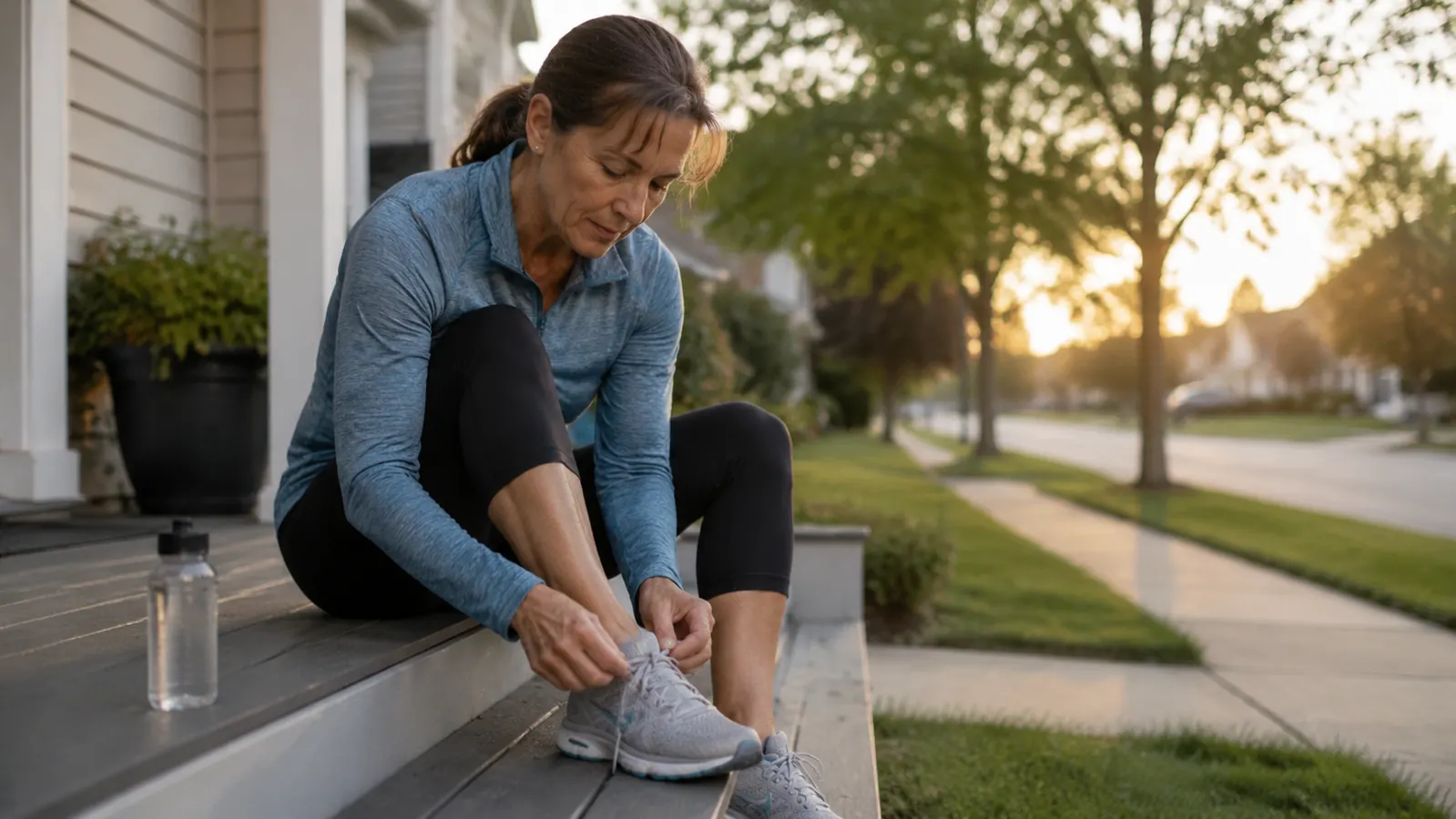 A woman in her late fifties lacing up walking shoes on a front porch step at first light with a small water bottle beside her