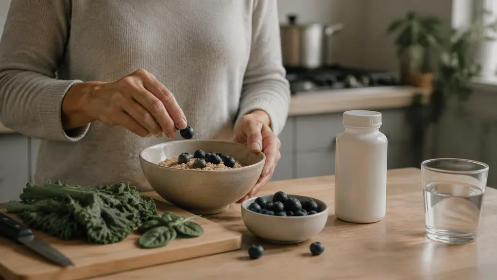 Fresh wholesome foods and a blood glucose meter arranged on a bright kitchen counter