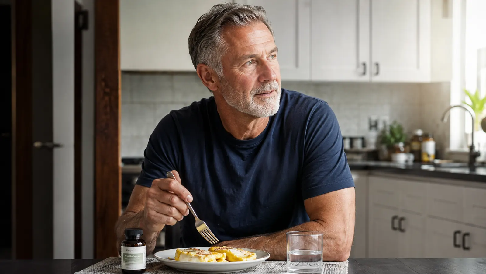 A person sitting at a kitchen table with a glass of water, a plate of eggs, and a small supplement bottle