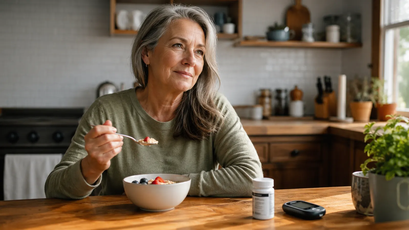 A calm 55 plus adult at a kitchen table with a bowl of oatmeal and a small supplement bottle nearby, morning light through the window