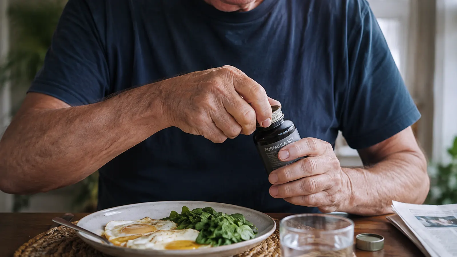 Close view of a hand opening the supplement bottle near a plate of eggs and greens