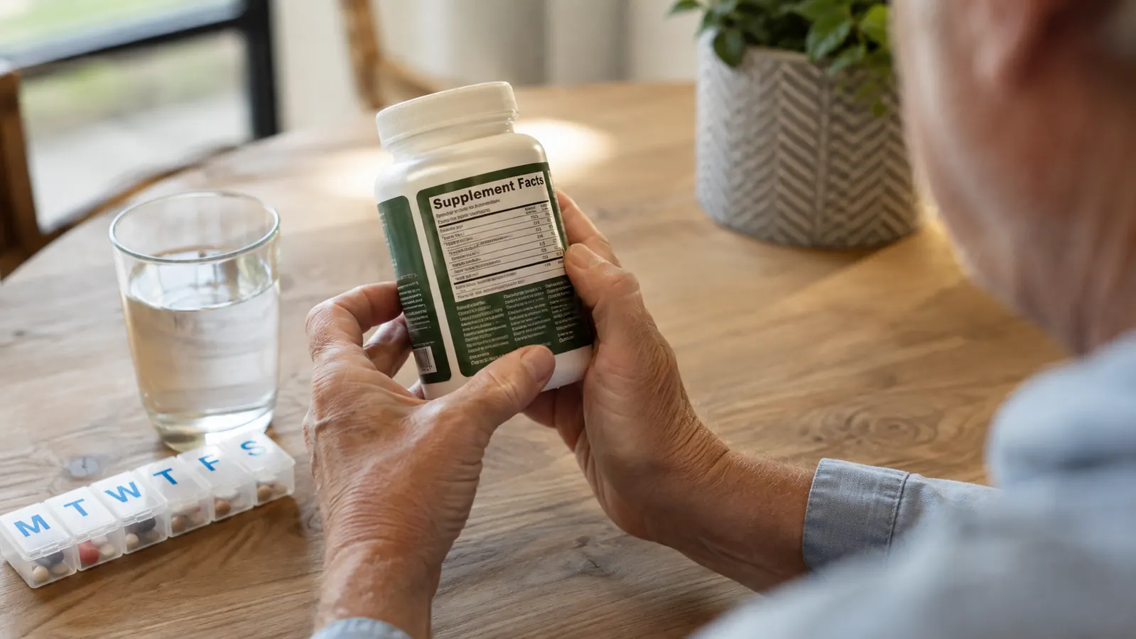 Hands in the kitchen turning a supplement bottle over to read the back panel beside a glass of water and a weekly pill organizer