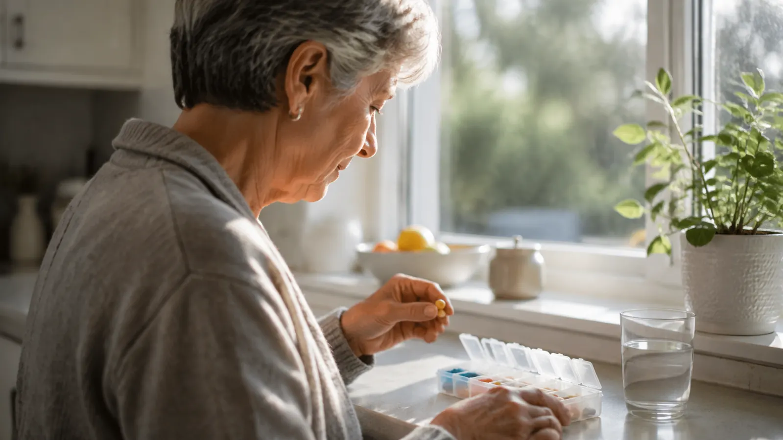 A person in a soft cardigan filling a weekly pill organizer at a bright kitchen window with a glass of water nearby
