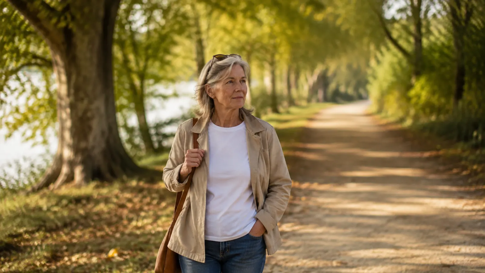 A person walking at a relaxed pace on a quiet path through trees in soft late afternoon light