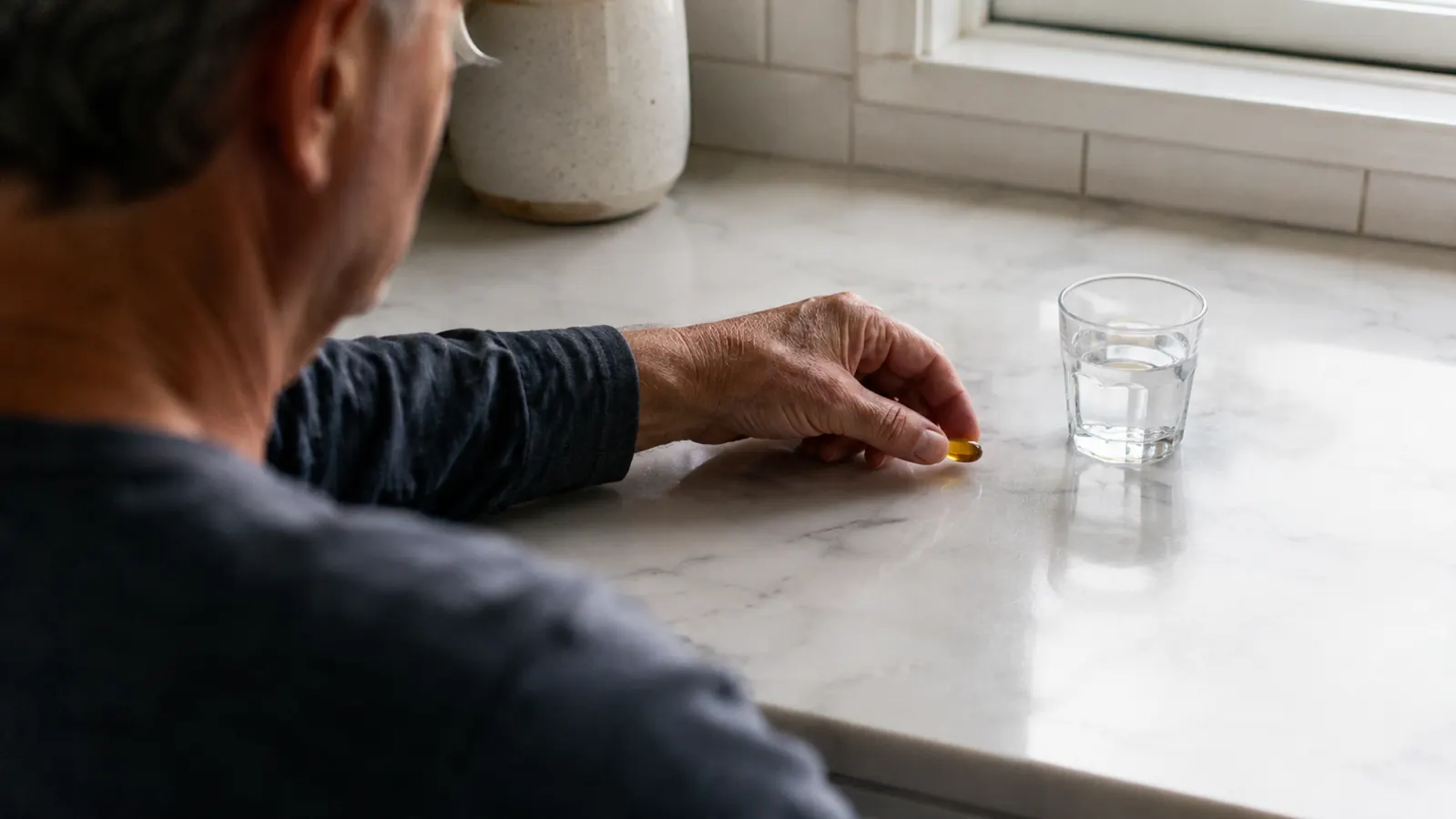 A hand placing a softgel capsule onto a kitchen counter beside a small glass of water