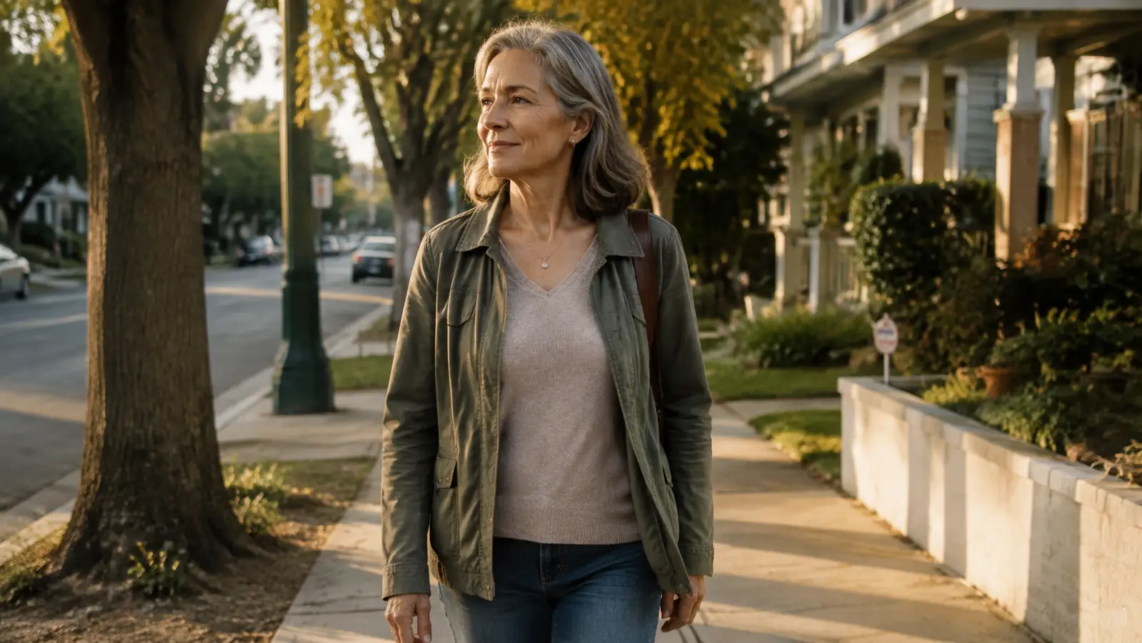 A person walking slowly on a quiet residential sidewalk in golden late-afternoon light