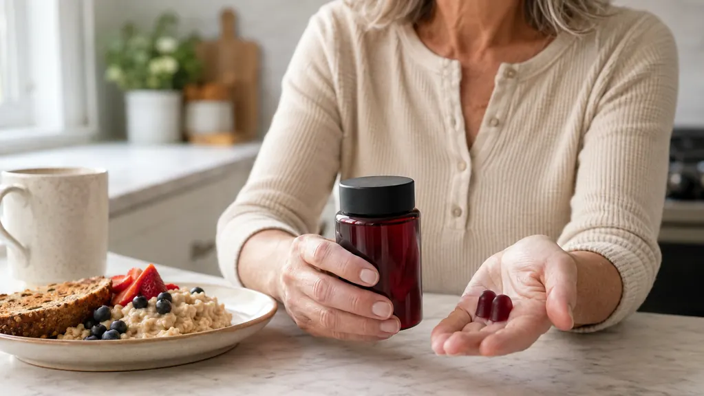 A hand lifting two gummies out of a supplement bottle at the kitchen counter beside a breakfast plate