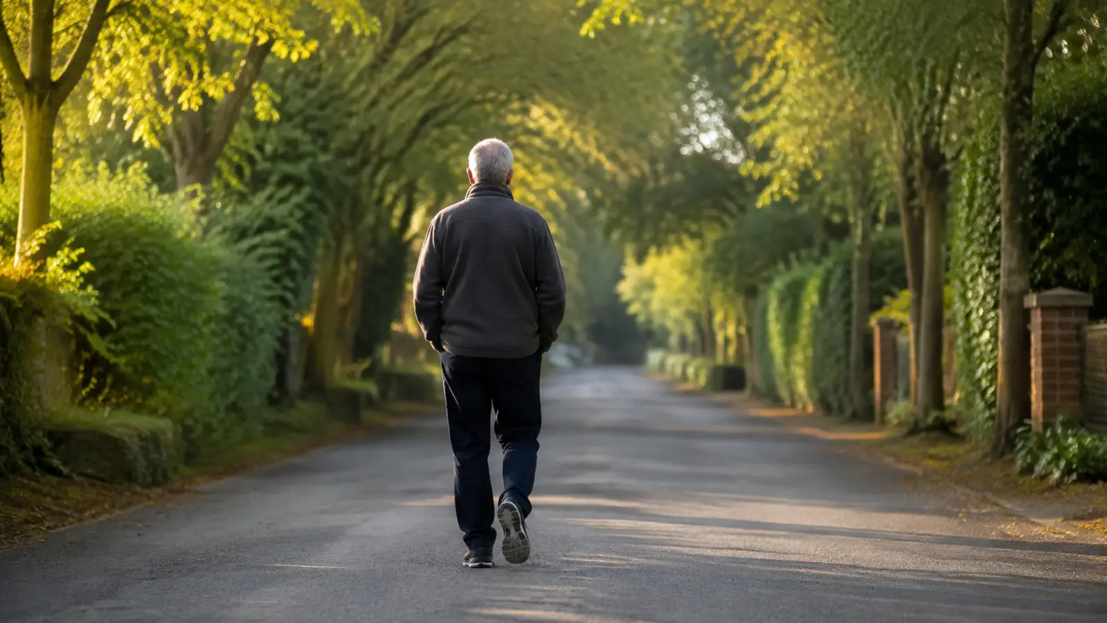 An early morning walk down a tree-lined lane with soft sunlight filtering through the leaves