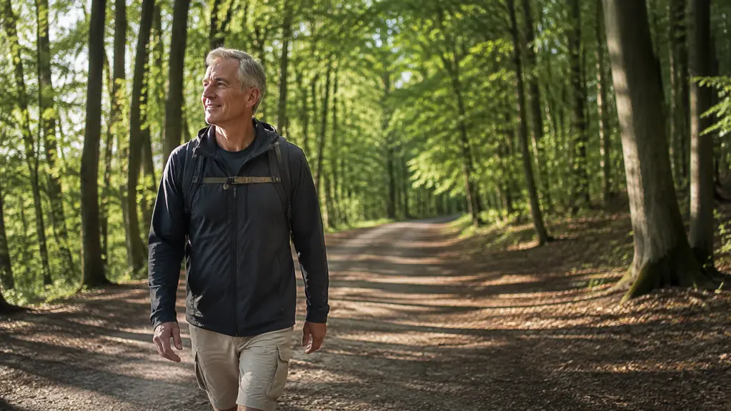 A person around sixty with a small walking backpack on a tree-lined path early in the morning.