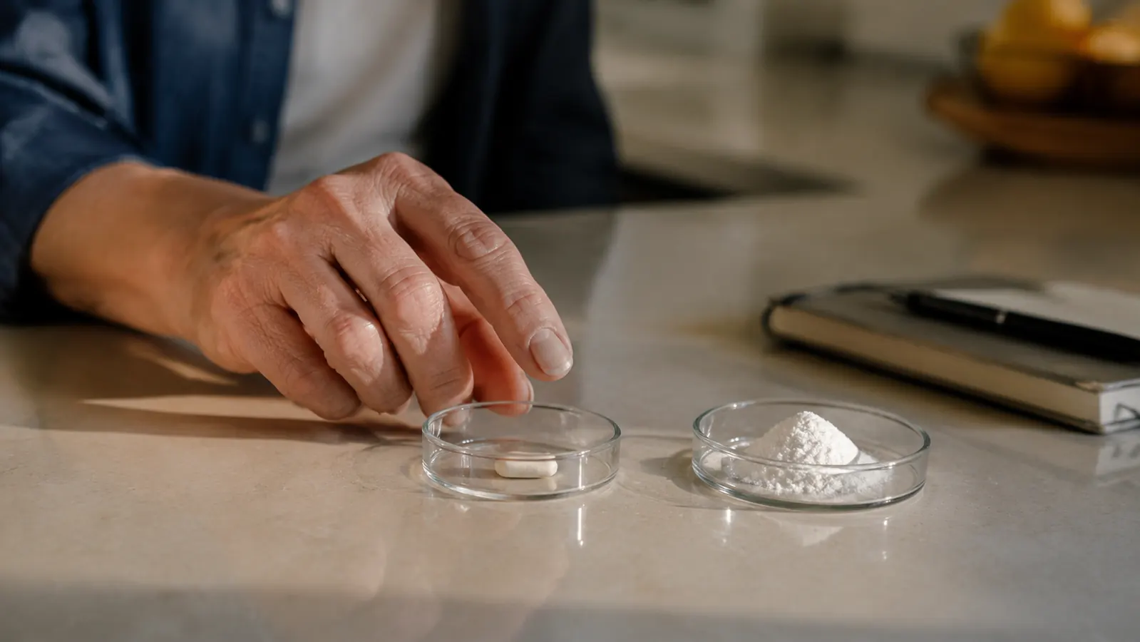 Two small glass dishes on a kitchen counter, one holding a pale caplet and one holding white powder, with a notebook and pen nearby
