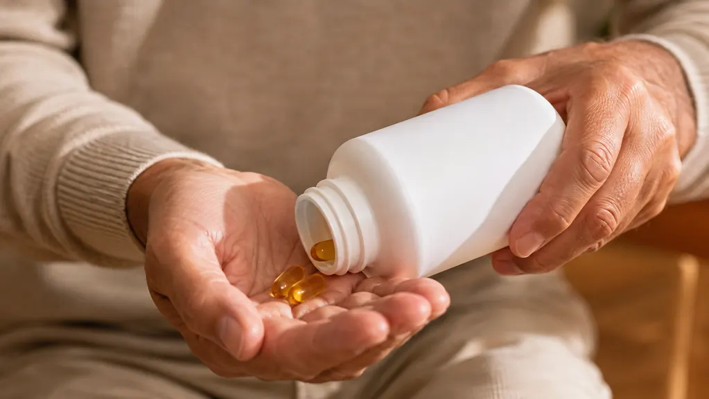 A hand pressing two softgels out of a supplement blister pack over the open palm