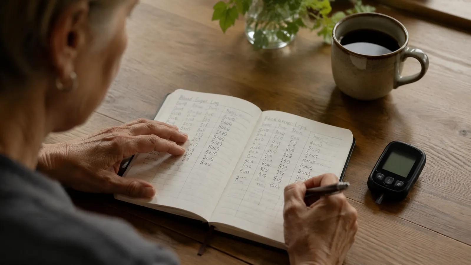A paper logbook with handwritten readings resting next to a mug of coffee and a glucometer on a table