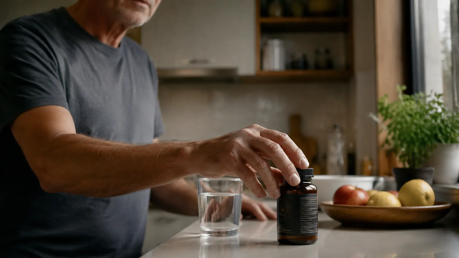 A hand holding the supplement bottle over the daily pill organizer