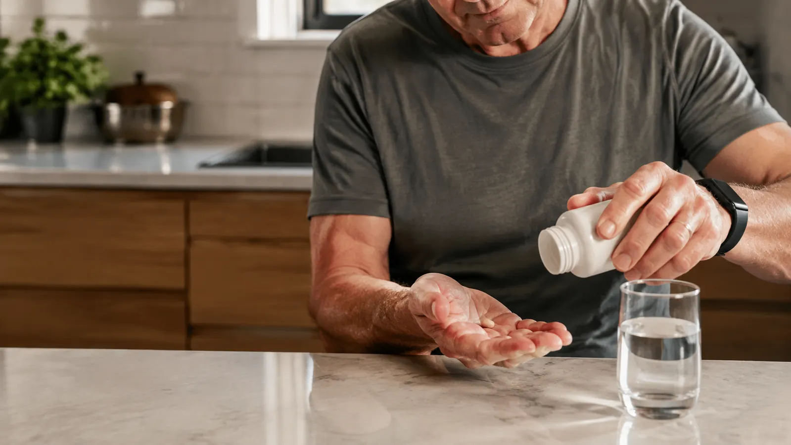 An open hand shaking a single capsule out beside a glass of water on a kitchen counter in morning light