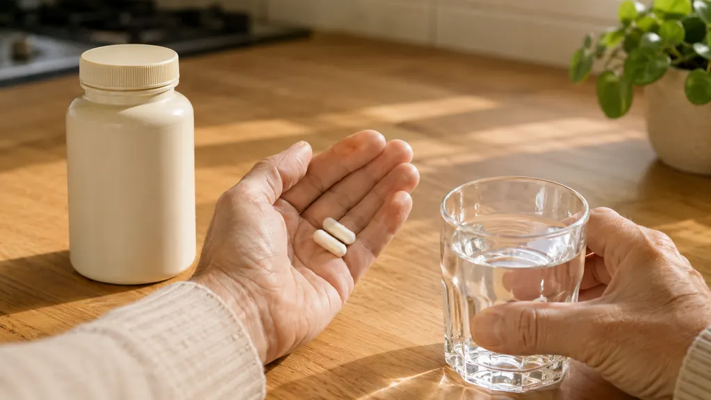 A close up of a hand holding two capsules over a glass of water on a wooden kitchen counter