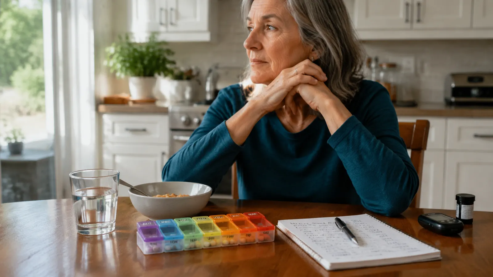 A weekly pill organizer sitting beside a bowl of oatmeal and a small spiral notebook open to a handwritten glucose log with a pen