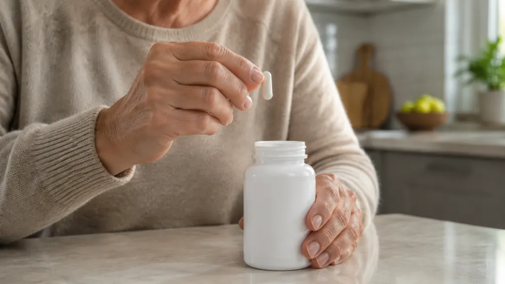 A hand holding a single capsule over a kitchen counter before a meal