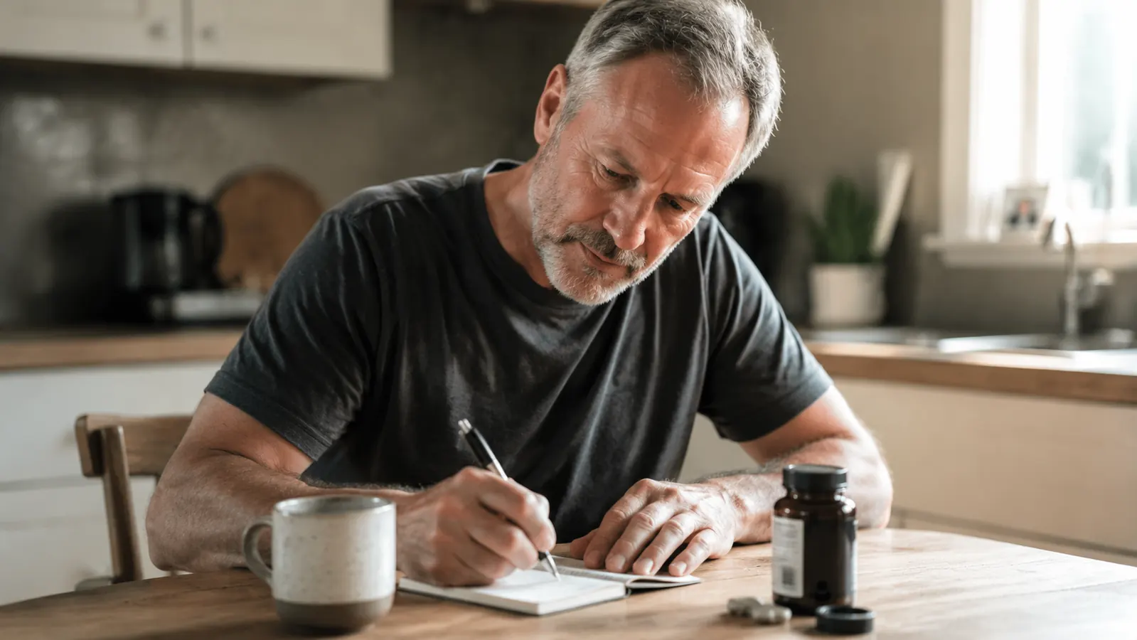 A person at a kitchen table writing in a paper logbook with a supplement bottle and coffee nearby