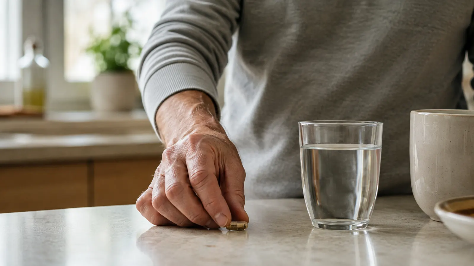 A hand placing a single capsule on the counter next to a glass of water during a morning routine