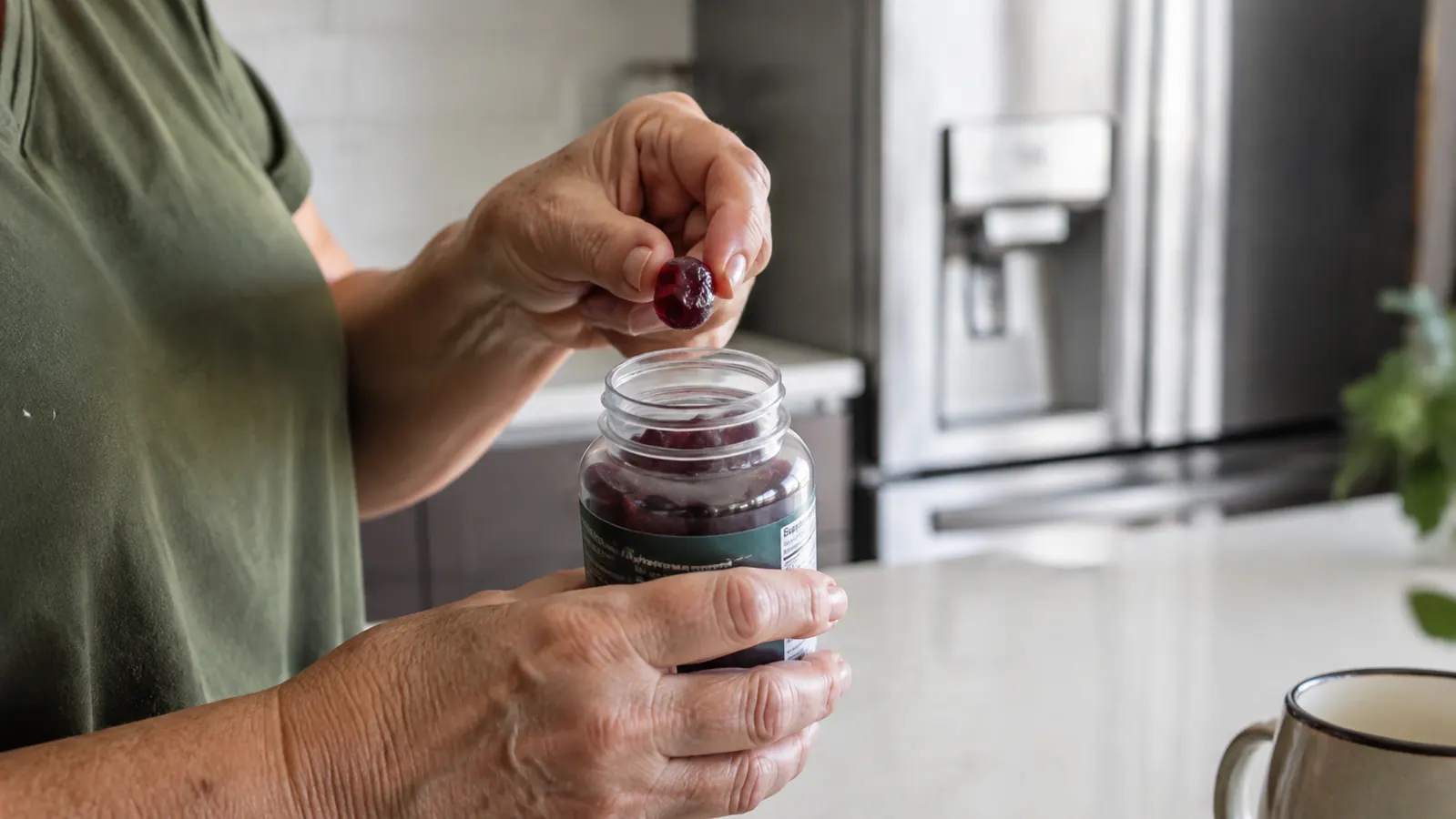 a hand lifting a single gummy from an open jar held over a kitchen counter